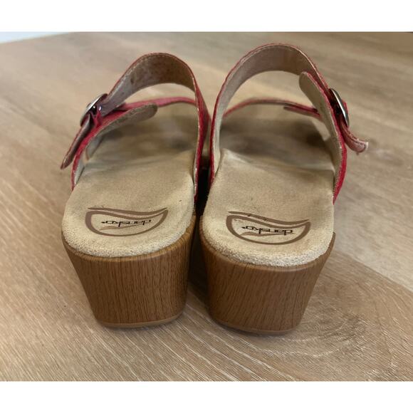 Dansko Red Snake Print Leather Sophie Sandals Double Strap Platform Wedge US 9 - Picture 3 of 6